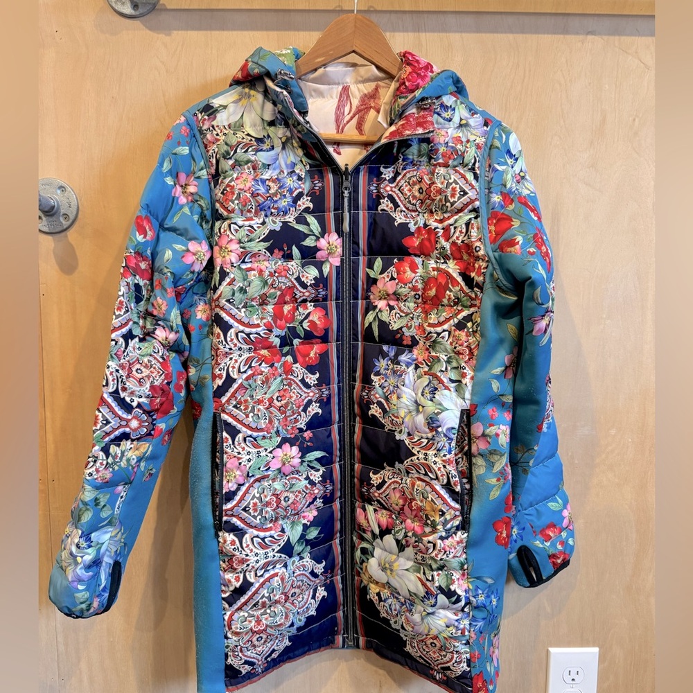 Johnny Was reversible long puffer jacket with zip off hood